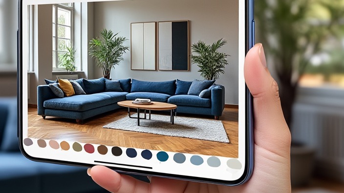 Application de décoration intérieure avec visualisation du salon et palette de couleurs