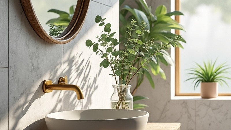 Salle de bain rénovée avec vasque, robinetterie murale et matériaux naturels